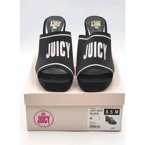 Juicy Couture Juicy Girly Womens Size 8.5 M Heeled Sandals Black White Logo - Picture 2 of 16